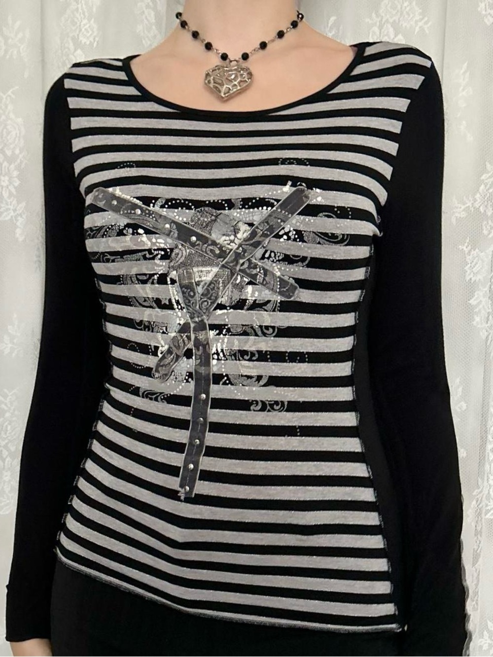 2000s Grunge Black & Grey Striped Top